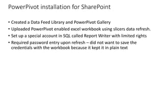 PowerPivot installation for SharePoint 
• Created a Data Feed Library and PowerPivot Gallery 
• Uploaded PowerPivot enabled excel workbook using slicers data refresh. 
• Set up a special account in SQL called Report Writer with limited rights 
• Required password entry upon refresh – did not want to save the 
credentials with the workbook because it kept it in plain text 
 