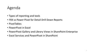 Agenda 
• Types of reporting and tools 
• FRX vs Power Pivot for Detail Drill Down Reports 
• PivotTables 
• PowerPivot in Excel 
• PowerPivot Gallery and Library Views in SharePoint Enterprise 
• Excel Services and PowerPivot in SharePoint 
7 
 