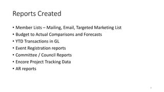 Reports Created 
• Member Lists – Mailing, Email, Targeted Marketing List 
• Budget to Actual Comparisons and Forecasts 
• YTD Transactions in GL 
• Event Registration reports 
• Committee / Council Reports 
• Encore Project Tracking Data 
• AR reports 
8 
 
