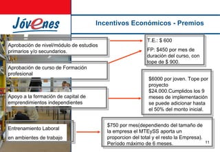 Incentivos Económicos - Premios Aprobación de nivel/módulo de estudios primarios y/o secundarios. T.E.: $ 600 FP: $450 por mes de duración del curso, con tope de $ 900. Aprobación de curso de Formación profesional Apoyo a la formación de capital de emprendimientos independientes $6000 por joven. Tope por proyecto $24.000.Cumplidos los 9 meses de implementación se puede adicionar hasta el 50% del monto inicial. Entrenamiento Laboral  en ambientes de trabajo $750 por mes(dependiendo del tamaño de la empresa el MTEySS aporta un proporcion del total y el resto la Empresa). Período máximo de 6 meses. 
