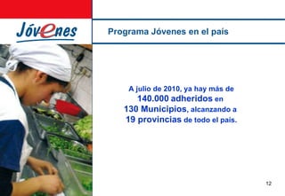 Programa Jóvenes en el país A julio de 2010, ya hay más de  140.000   adheridos  en  130 Municipios , alcanzando a  19 provincias  de todo el país. 