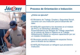 Proceso de Orientación e Inducción ¿Cómo se ejecuta? El Ministerio de Trabajo, Empleo y Seguridad Social, convenia con una Institución para el desarrollo del taller. El MTEySS capacitará a los docentes en el módulo de PFO y en Derechos Laborales. La Superintendencia de Riesgos de Trabajo capacitará en el módulo de Salud e Higiene en el Trabajo. Alfabetización Digital no requiere capacitación por ser un módulo introductorio. El Municipio pondrá a disposición espacios físicos para el dictado de los talleres. El MTEySS financiará un refrigerio que proveerá la Institución. 