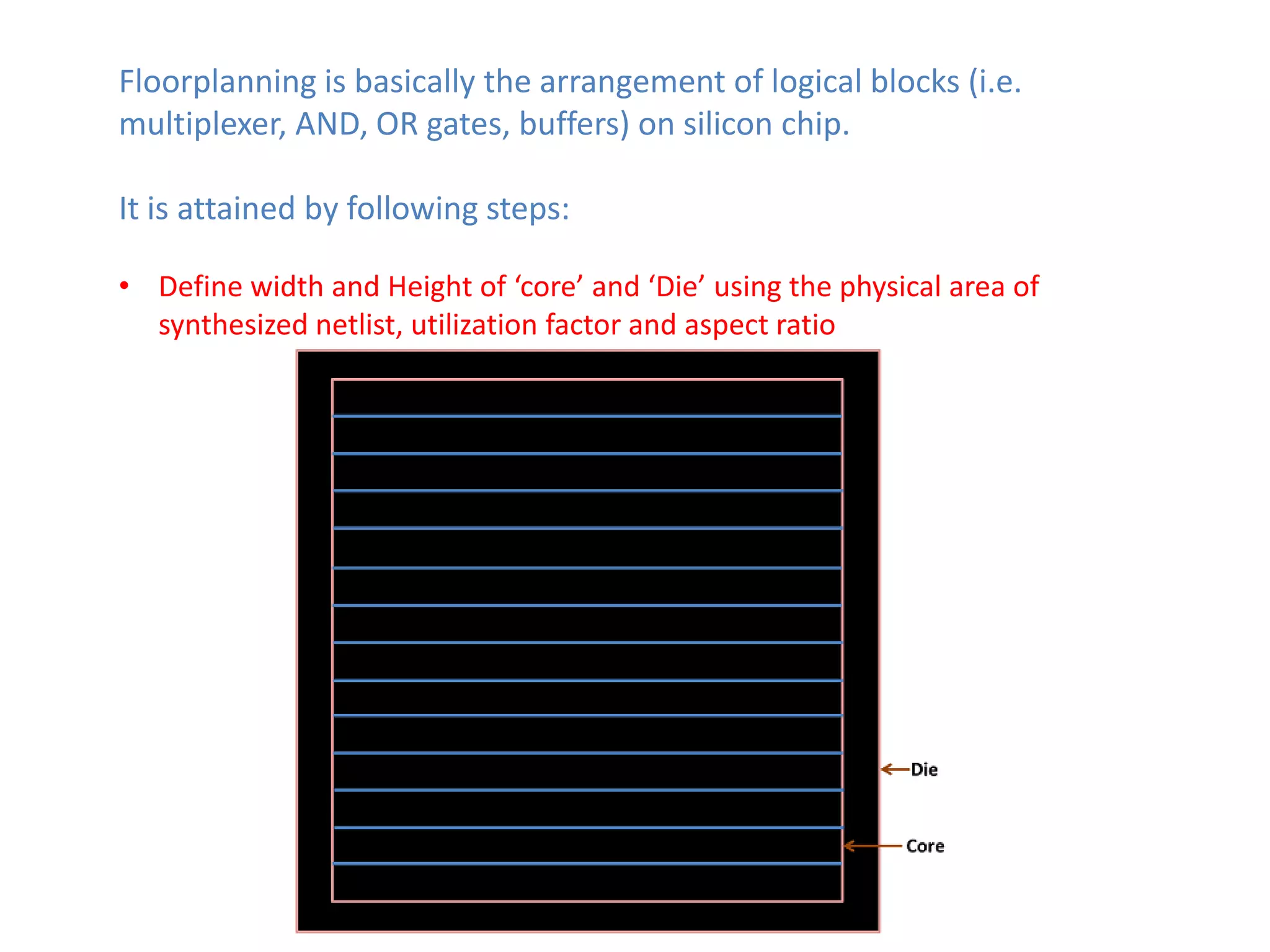 Floorplanning is basically the arrangement of logical blocks (i.e.
multiplexer, AND, OR gates, buffers) on silicon chip.

It is attained by following steps:

• Define width and Height of ‘core’ and ‘Die’ using the physical area of
  synthesized netlist, utilization factor and aspect ratio
 