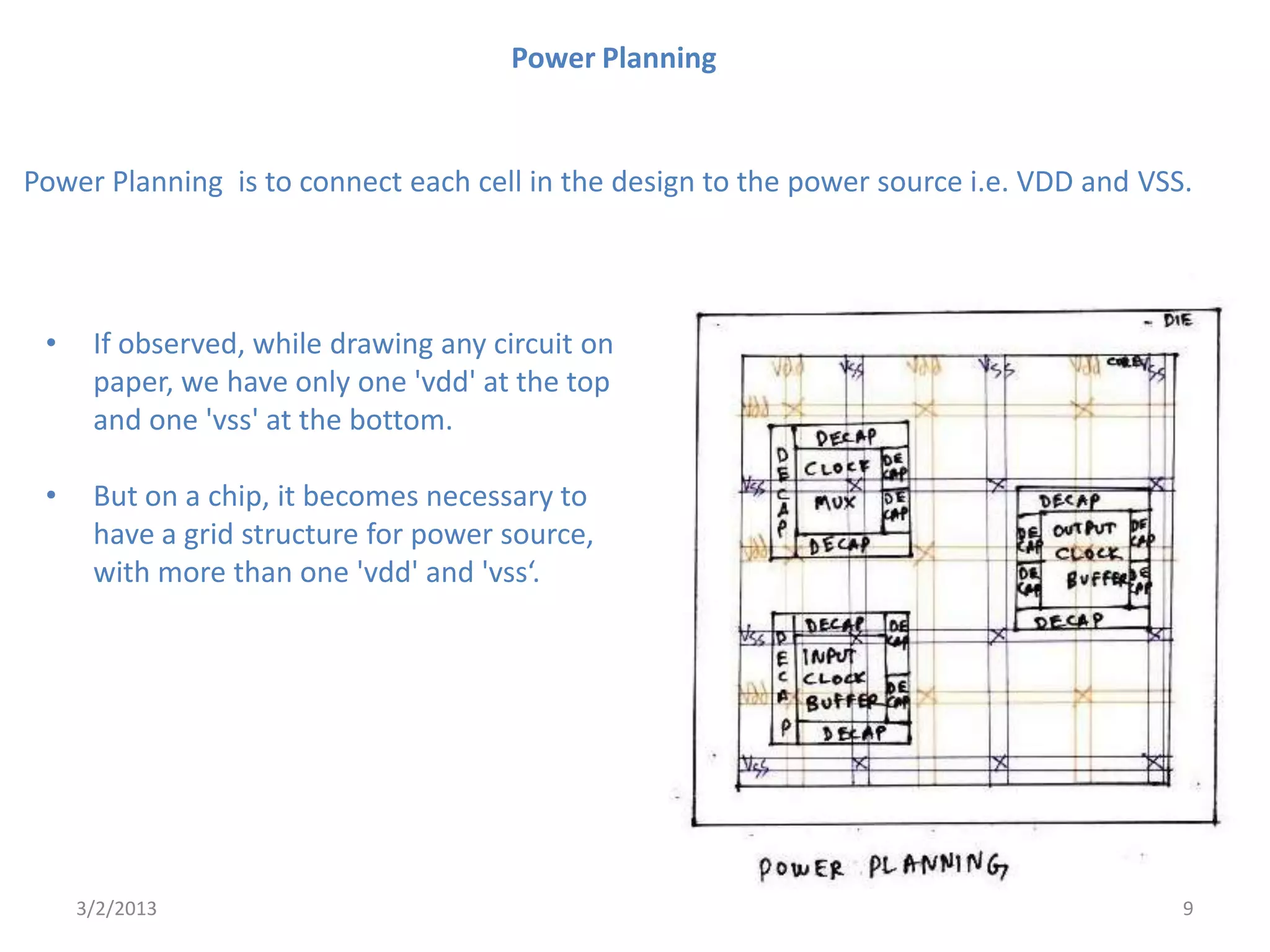 Power Planning


Power Planning is to connect each cell in the design to the power source i.e. VDD and VSS.




 •    If observed, while drawing any circuit on
      paper, we have only one 'vdd' at the top
      and one 'vss' at the bottom.

 •    But on a chip, it becomes necessary to
      have a grid structure for power source,
      with more than one 'vdd' and 'vss‘.




     3/2/2013                                                                            9
 