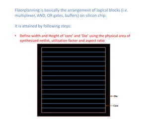 Floorplanning is basically the arrangement of logical blocks (i.e.
multiplexer, AND, OR gates, buffers) on silicon chip.

It is attained by following steps:

• Define width and Height of ‘core’ and ‘Die’ using the physical area of
  synthesized netlist, utilization factor and aspect ratio
 