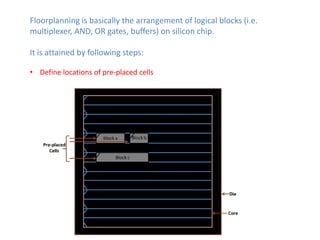 Floorplanning is basically the arrangement of logical blocks (i.e.
multiplexer, AND, OR gates, buffers) on silicon chip.

It is attained by following steps:

• Define locations of pre-placed cells
 