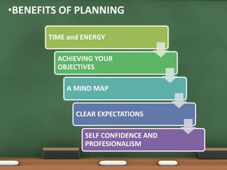 •BENEFITS OF PLANNING 
TIME and ENERGY 
ACHIEVING YOUR 
OBJECTIVES 
A MIND MAP 
CLEAR EXPECTATIONS 
SELF CONFIDENCE AND 
PROFESIONALISM 
 