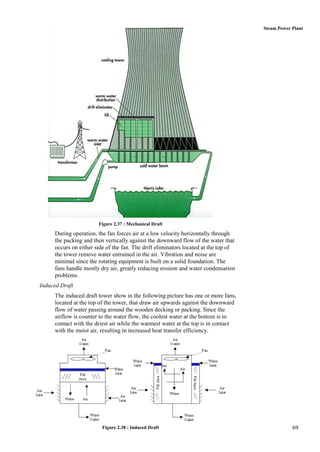 Steam Power Plant




                       Figure 2.37 : Mechanical Draft

     During operation, the fan forces air at a low velocity horizontally through
     the packing and then vertically against the downward flow of the water that
     occurs on either side of the fan. The drift eliminators located at the top of
     the tower remove water entrained in the air. Vibration and noise are
     minimal since the rotating equipment is built on a solid foundation. The
     fans handle mostly dry air, greatly reducing erosion and water condensation
     problems.
Induced Draft
     The induced draft tower show in the following picture has one or more fans,
     located at the top of the tower, that draw air upwards against the downward
     flow of water passing around the wooden decking or packing. Since the
     airflow is counter to the water flow, the coolest water at the bottom is in
     contact with the driest air while the warmest water at the top is in contact
     with the moist air, resulting in increased heat transfer efficiency.




                         Figure 2.38 : Induced Draft                                             69
 