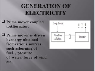  Prime mover coupled
toAlternator.
 Prime mover is driven
byenergy obtained
fromvarious sources
such asburning of
fuel , pressure
of water, force of wind
etc.
 