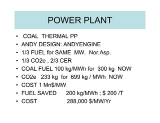 POWER PLANT
•    COAL THERMAL PP
•   ANDY DESIGN: ANDYENGINE
•   1/3 FUEL for SAME MW. Nor.Asp.
•   1/3 CO2e , 2/3 CER
•   COAL FUEL 100 kg/MWh for 300 kg NOW
•   CO2e 233 kg for 699 kg / MWh NOW
•   COST 1 Mn$/MW
•   FUEL SAVED       200 kg/MWh ; $ 200 /T
•   COST             288,000 $/MW/Yr
 