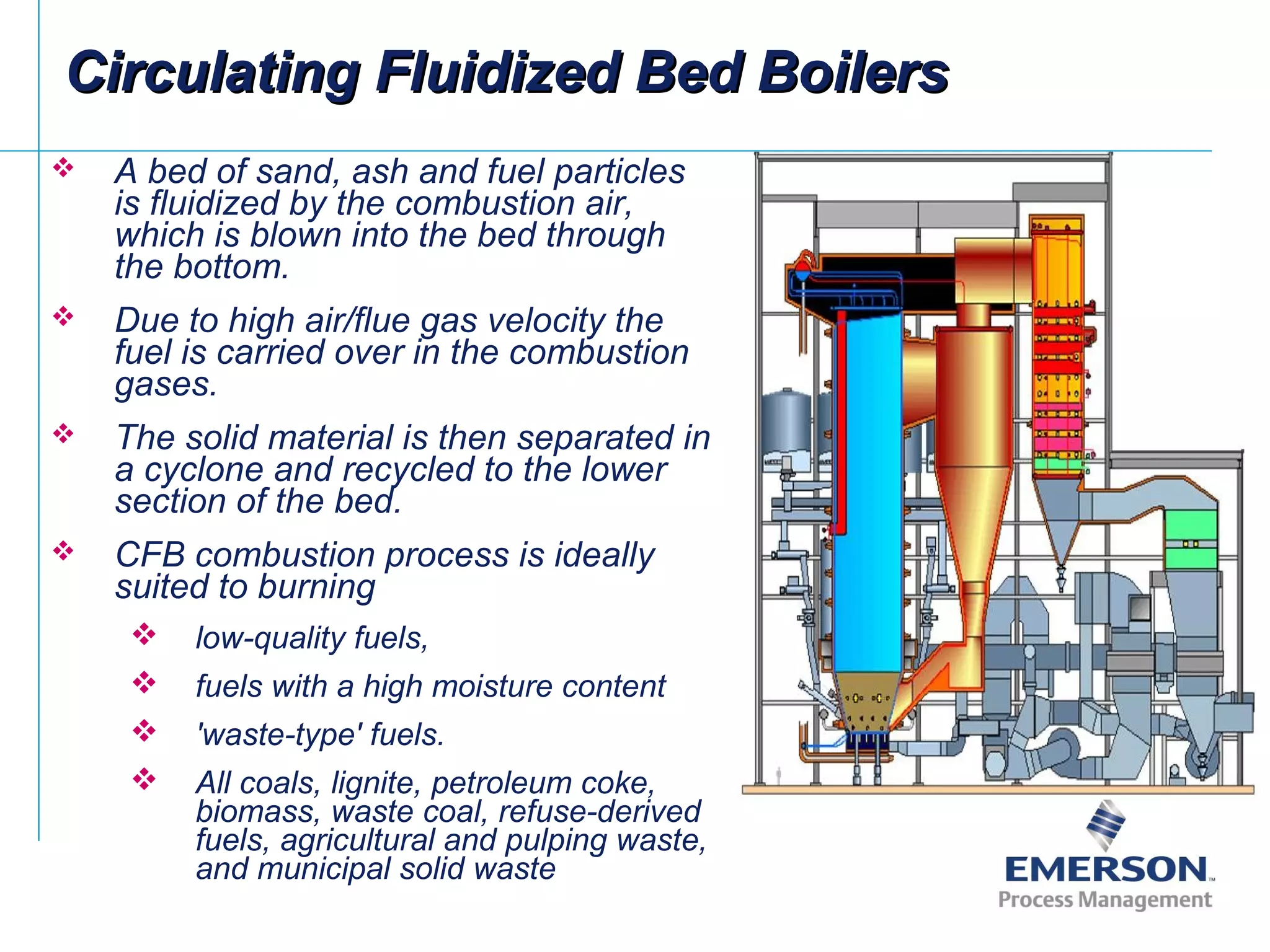 Circulating Fluidized Bed BoilersCirculating Fluidized Bed Boilers
 A bed of sand, ash and fuel particles
is fluidized by the combustion air,
which is blown into the bed through
the bottom.
 Due to high air/flue gas velocity the
fuel is carried over in the combustion
gases.
 The solid material is then separated in
a cyclone and recycled to the lower
section of the bed.
 CFB combustion process is ideally
suited to burning
 low-quality fuels,
 fuels with a high moisture content
 'waste-type' fuels.
 All coals, lignite, petroleum coke,
biomass, waste coal, refuse-derived
fuels, agricultural and pulping waste,
and municipal solid waste
 