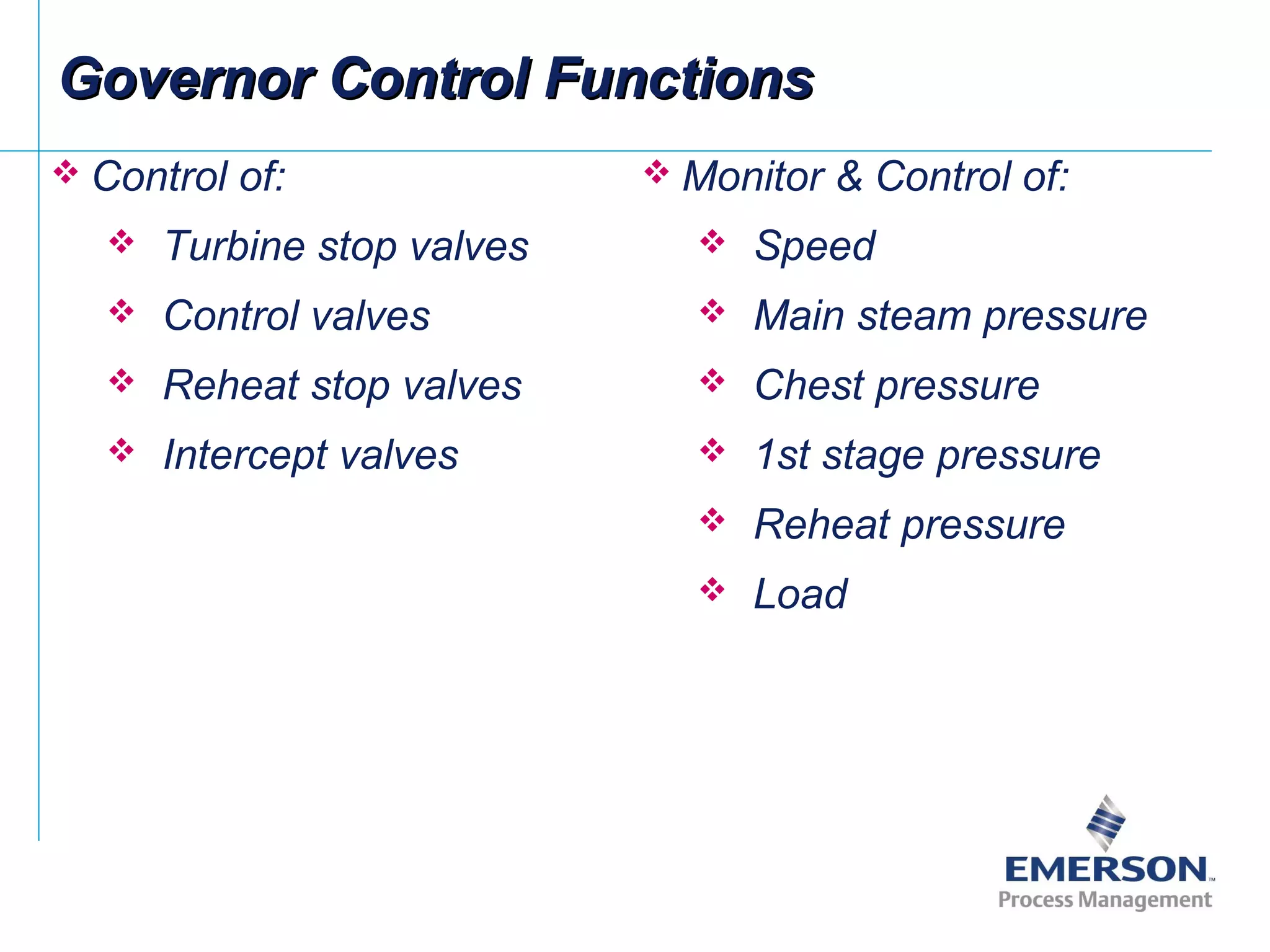 Governor Control FunctionsGovernor Control Functions
 Control of:
 Turbine stop valves
 Control valves
 Reheat stop valves
 Intercept valves
 Monitor & Control of:
 Speed
 Main steam pressure
 Chest pressure
 1st stage pressure
 Reheat pressure
 Load
 