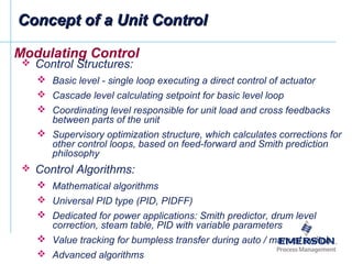 Modulating Control
 Control Structures:
 Basic level - single loop executing a direct control of actuator
 Cascade level calculating setpoint for basic level loop
 Coordinating level responsible for unit load and cross feedbacks
between parts of the unit
 Supervisory optimization structure, which calculates corrections for
other control loops, based on feed-forward and Smith prediction
philosophy
 Control Algorithms:
 Mathematical algorithms
 Universal PID type (PID, PIDFF)
 Dedicated for power applications: Smith predictor, drum level
correction, steam table, PID with variable parameters
 Value tracking for bumpless transfer during auto / manual switch
 Advanced algorithms
Concept of a Unit ControlConcept of a Unit Control
 