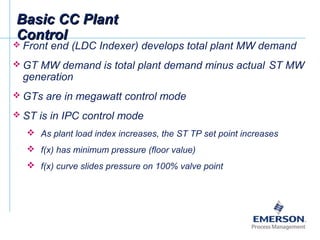  Front end (LDC Indexer) develops total plant MW demand
 GT MW demand is total plant demand minus actual ST MW
generation
 GTs are in megawatt control mode
 ST is in IPC control mode
 As plant load index increases, the ST TP set point increases
 f(x) has minimum pressure (floor value)
 f(x) curve slides pressure on 100% valve point
Basic CC PlantBasic CC Plant
ControlControl
 