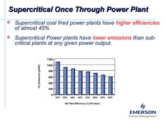 Supercritical Once Through Power PlantSupercritical Once Through Power Plant
 Supercritical coal fired power plants have higher efficiencies
of almost 45%
 Supercritical Power plants have lower emissions than sub-
critical plants at any given power output.
 