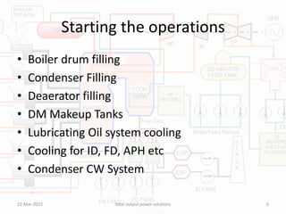 Starting the operations
• Boiler drum filling
• Condenser Filling
• Deaerator filling
• DM Makeup Tanks
• Lubricating Oil system cooling
• Cooling for ID, FD, APH etc
• Condenser CW System
22-Mar-2022 total output power solutions 6
 