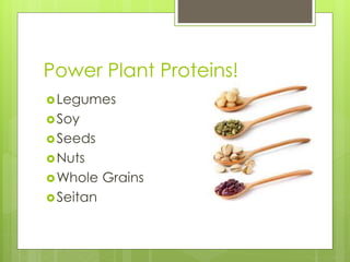 Power Plant Proteins!
Legumes
Soy
Seeds
Nuts
Whole Grains
Seitan
 