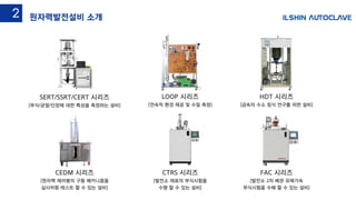 SERT/SSRT/CERT 시리즈
[부식/균열/인장에 대한 특성을 측정하는 설비]
LOOP 시리즈
[연속적 환경 제공 및 수질 측정]
HDT 시리즈
[금속의 수소 침식 연구를 위한 설비]
CEDM 시리즈
[원자력 제어봉의 구동 메커니즘을
실사처럼 테스트 할 수 있는 설비]
CTRS 시리즈
[발전소 재료의 부식시험을
수행 할 수 있는 설비]
FAC 시리즈
[발전소 2차 배관 유체가속
부식시험을 수해 할 수 있는 설비]
원자력발전설비 소개2
 