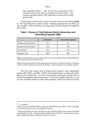 CRS-21
57
(...continued)
prices, such as at $1,000 per Mwh, to prevent extraordinary price spikes. These caps apply
to spot sales of electricity, not to bilateral contracts.
58
Because the debt is tax free, the POU can pay the bond holder a lower interest rate than
taxable debt must offer. The bond holder accepts the lower POU tax-free interest rate since,
other things being equal, its after-tax return is the same.
than regulated utilities — they do not have guaranteed service
territories and can face intense competition for power sales — but
can also earn larger profits. IPPs make their own decisions to build
power plants.
All three types of entities playa major role in the electric power industry (Table
1). The lines between the entities can blur. Holding companies that own IOUs can
also own IPPs. POUs sometimes own large shares of power projects developed by
IOU or IPPs.
Table 1. Shares of Total National Electric Generation and
Generating Capacity, 2006
Generation Generating Capacity
Publicly-Owned Utilities 22% 21%
Investor-Owned Utilities 41% 38%
Non-Utilities 37% 41%
National Total 100% 100%
Source:AmericanPublicPowerAssociation[http://www.appanet.org/files/PDFs/nameplate2006.pdf],
citing Energy Information Administration.
Notes:Non-utilitygenerationincludesindependentpowerproducersand powermarketers. Non-utility
capacity includes industrial and commercial facilities. Capacity shares are for nameplate capacity.
The cost of the money used to finance power projects varies significantly
between IOU, POUs, and IPPs. A POU will normally finance a project with 100%
debt at a low interest rate. The rate is low because interest paid on public debt is
exempt from federal or state income taxes,58
and because public entities have a very
low risk of default (failure to make debt payments), much lower than for private
 