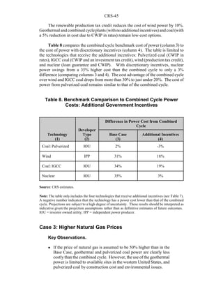 CRS-45
The renewable production tax credit reduces the cost of wind power by 10%.
Geothermal and combined cycle plants (with no additional incentives) and coal (with
a 5% reduction in cost due to CWIP in rates) remain low-cost options.
Table 8 compares the combined cycle benchmark cost of power (column 3) to
the cost of power with discretionary incentives (column 4). The table is limited to
the technologies that receive the additional incentives: Pulverized coal (CWIP in
rates), IGCC coal (CWIP and an investment tax credit), wind (production tax credit),
and nuclear (loan guarantee and CWIP). With discretionary incentives, nuclear
power swings from a 35% higher cost than the combined cycle to only a 3%
difference (comparing columns 3 and 4). The cost advantage of the combined cycle
over wind and IGCC coal drops from more than 30% to just under 20%. The cost of
power from pulverized coal remains similar to that of the combined cycle.
Table 8. Benchmark Comparison to Combined Cycle Power
Costs: Additional Government Incentives
Technology
(1)
Developer
Type
(2)
Difference in Power Cost from Combined
Cycle
Base Case
(3)
Additional Incentives
(4)
Coal: Pulverized IOU 2% -3%
Wind IPP 31% 18%
Coal: IGCC IOU 34% 19%
Nuclear IOU 35% 3%
Source: CRS estimates.
Note: The table only includes the four technologies that receive additional incentives (see Table 7).
A negative number indicates that the technology has a power cost lower than that of the combined
cycle. Projections are subject to a high degree of uncertainty. These results should be interpreted as
indicative given the projection assumptions rather than as definitive estimates of future outcomes.
IOU = investor owned utility; IPP = independent power producer.
Case 3: Higher Natural Gas Prices
Key Observations.
! If the price of natural gas is assumed to be 50% higher than in the
Base Case, geothermal and pulverized coal power are clearly less
costly than the combined cycle. However, the use of the geothermal
power is limited to available sites in the western United States, and
pulverized coal by construction cost and environmental issues.
 