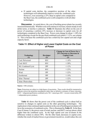 CRS-50
! If capital costs decline, the competitive position of the other
technologies will substantially improve versus the combined cycle.
However, even assuming a 25% drop in capital costs compared to
the Base Case, the combined cycle is still competitive with all other
technologies.
Discussion. As noted above, the cost of building power plants has recently
increaseddramatically. Whethercosts willcontinuetoincrease,remainsteadyinreal
dollar terms, or decline is unknown. Table 11 illustrates the effect on the cost of
power of assuming a uniform 25% increase or decrease in capital costs for all
technologies compared to the Base Case. Power costs change by about +/-20% for
each technology except for the gas-fired combined cycle plant (+/-12%; see column
3). This is because the combined cycle has a relatively low capital cost and a high
capacity factor.
Table 11. Effect of Higher and Lower Capital Costs on the Cost
of Power
Technology
(1)
Developer
(2)
Change in Cost of Power for a
25% Increase or Decrease in
Capital Costs
(3)
Coal: Pulverized IOU +/-18%
Coal: IGCC IOU +/-20%
NG: Combined Cycle IPP +/-12%
Nuclear IOU +/-23%
Wind IPP +/-23%
Geothermal IPP +/-19%
Solar: Thermal IPP +/-22%
Solar: Photovoltaic IPP +/-25%
Source: CRS estimates.
Notes: Projections are subject to a high degree of uncertainty. These results should be interpreted as
indicative given the projection assumptions rather than as definitive estimates of future outcomes.
IGCC = integrated gasification combined cycle; NG = natural gas; IOU = investor owned utility; IPP
= independent power producer.
Table 11 shows that the power cost of the combined cycle is about half as
sensitive to changes in capital costs as the other generating technologies. The
implication is that continued rapid escalation in the cost of buildingpower plants will
favor the economics of combined cycles. This is illustrated by Table 12. In the Base
Case (Column 3), the power costs of wind, nuclear, and IGCC coal are about a third
higher than the combined cycle. In the high capital cost case (Column 4) the
difference widens to almost 50%. On the other hand, decreases in capital costs,
whether the result of market forces or government incentives, would reduce the cost
 