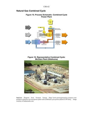 CRS-62
Natural Gas Combined Cycle
Sources: Diagram from Siemens Energy [http://www.powergeneration.siemens.com/
products-solutions-services/power-plant-soln/combined-cycle-power-plants/CCPP.htm]; image
courtesy of Industcards.com.
Figure 15. Process Schematic: Combined Cycle
Power Plant
Figure 16. Representative Combined Cycle:
McClain Plant (Oklahoma)
 