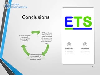 Conclusions
36
XRF Based Metals
Water Analyzer is
able to measure a
wide range of metals
at concentrations
down to less than 1
ppb
Provides results that
are comparable to
those obtained by
laboratory analysis
Is robust enough to
operating in
demanding field
conditions
 