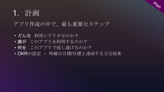 1. 計画
• どんな 利用シナリオなのか？
• 誰が このアプリを利用するのか？
• 何を このアプリで成し遂げるのか？
• OKRの設定 - 明確な目標/目標と達成する主な結果
アプリ作成の中で、最も重要なステップ
 