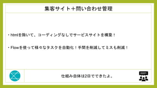 仕組み自体は2日でできたよ。
・htmlを除いて、コーディングなしでサービスサイトを構築！
・Flowを使って様々なタスクを自動化！手間を削減してミスも削減！
集客サイト＋問い合わせ管理
 