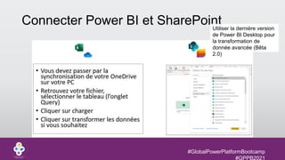 #GlobalPowerPlatformBootcamp
#GPPB2021
Connecter Power BI et SharePoint
Utiliser la dernière version
de Power BI Desktop pour
la transformation de
donnée avancée (Bêta
2.0)
 