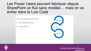 #GlobalPowerPlatformBootcamp
#GPPB2021
Les Power Users peuvent fabriquer depuis
SharePoint un flux sans modèle… mais on va
entrer dans le Low Code
 