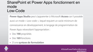 #GlobalPowerPlatformBootcamp
#GPPB2021
SharePoint et Power Apps fonctionnent en
mode
Low-Code
 