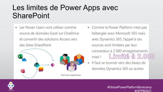 #GlobalPowerPlatformBootcamp
#GPPB2021
Les limites de Power Apps avec
SharePoint
 
