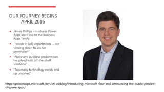 OUR JOURNEY BEGINS
APRIL 2016
 James Phillips introduces Power
Apps and Flow to the Business
Apps family
 “People in [all] departments … not
slowing down to ask for
permission”
 “Not every business problem can
be solved with off-the-shelf
solutions”
 “Too many technology needs end
up unsolved”
https://powerapps.microsoft.com/en-us/blog/introducing-microsoft-flow-and-announcing-the-public-preview-
of-powerapps/
 
