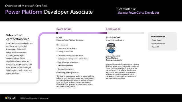 © 2022 Microsoft Corporation. All rights reserved.
Overview of Microsoft Certified:
Power Platform Developer Associate
Get started at
aka.ms/PowerCerts_Developer
Who is this
certification for?
Ideal candidates are developers
who have strong applied
knowledge of Microsoft
Power Platform services,
including an in-depth
understanding of their
capabilities, boundaries, and
constraints. Candidates should
have a basic understanding of
DevOps practices for Microsoft
Power Platform.
Exam details
PL-400
Microsoft Power Platform Developer
Skills measured:
• Create a technical design
• Configure Dataverse
• Create and configure Power Apps
• Configure business process automation
• Extend the user experience
• Extend the platform
• Develop integrations
Knowledge and experience:
This exam measures your ability to accomplish the
following technical tasks: create a technical design,
configure Dataverse, create and configure Power
Apps, configure business process automation,
extend the user experience, extend the platform,
and develop integrations.
Certification
Pass Exam PL-400
to earn this certification.
Microsoft Certified:
Power Platform
Developer Associate
Microsoft Power Platform developers design,
develop, secure, and troubleshoot Microsoft
Power Platform solutions. They implement
components of the solution that include
application enhancements, custom user
experience, system integrations, data
conversions, custom process automation,
and custom visualizations.
Products featured
• Power Apps
• Power Automate
• Power BI
 