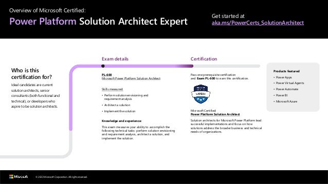 © 2022 Microsoft Corporation. All rights reserved.
Overview of Microsoft Certified:
Power Platform Solution Architect Expert
Get started at
aka.ms/PowerCerts_SolutionArchitect
Who is this
certification for?
Ideal candidates are current
solution architects, senior
consultants (both functional and
technical), or developers who
aspire to be solution architects.
Exam details
PL-600
Microsoft Power Platform Solution Architect
Skills measured:
• Perform solutionenvisioning and
requirement analysis
• Architect a solution
• Implement the solution
Knowledge and experience:
This exam measures your ability to accomplish the
following technical tasks: perform solution envisioning
and requirement analysis, architect a solution, and
implement the solution.
Certification
Pass one prerequisite certification
and Exam PL-600 to earn this certification.
Microsoft Certified:
Power Platform Solution Architect
Solution architects for Microsoft Power Platform lead
successful implementations and focus on how
solutions address the broader business and technical
needs of organizations.
Products featured
• Power Apps
• Power Virtual Agents
• Power Automate
• Power BI
• Microsoft Azure
 