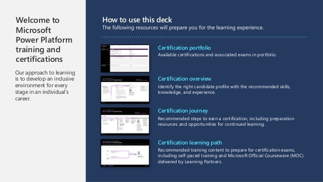 Welcome to
Microsoft
Power Platform
training and
certifications
Our approach to learning
is to develop an inclusive
environment for every
stage in an individual’s
career.
How to use this deck
Certification portfolio
Available certifications and associated exams in portfolio.
Certification overview
Identify the right candidate profile with the recommended skills,
knowledge, and experience.
Certification journey
Recommended steps to earn a certification, including preparation
resources and opportunities for continued learning.
Certification learning path
Recommended training content to prepare for certification exams,
including self-paced training and Microsoft Official Courseware (MOC)
delivered by Learning Partners.
 