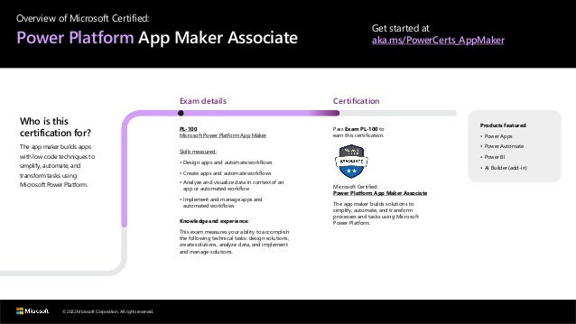 © 2022 Microsoft Corporation. All rights reserved.
Overview of Microsoft Certified:
Power Platform App Maker Associate
Get started at
aka.ms/PowerCerts_AppMaker
Who is this
certification for?
The app maker builds apps
with low-code techniques to
simplify, automate, and
transform tasks using
Microsoft Power Platform.
Exam details
PL-100
Microsoft Power Platform App Maker
Skills measured:
• Design apps and automate workflows
• Create apps and automate workflows
• Analyze and visualize data in context of an
app or automated workflow
• Implement and manage apps and
automated workflows
Knowledge and experience:
This exam measures your ability to accomplish
the following technical tasks: design solutions,
create solutions, analyze data, and implement
and manage solutions.
Certification
Pass Exam PL-100 to
earn this certification.
Microsoft Certified:
Power Platform App Maker Associate
The app maker builds solutions to
simplify, automate, and transform
processes and tasks using Microsoft
Power Platform.
Products featured
• Power Apps
• Power Automate
• Power BI
• AI Builder(add-in)
 