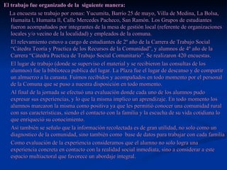 El trabajo fue organizado de la  siguiente manera:  La encuesta se trabajo por zonas: Yucumita, Barrio 25 de mayo, Villa de Medina, La Bolsa, Humaita l, Humaita ll, Calle Mercedes Pacheco, San Ramón. Los Grupos de estudiantes fueron acompañados por integrantes de la mesa de gestión local (referente de organizaciones locales y/o vecino de la localidad) y empleados de la comuna. El relevamiento estuvo a cargo de estudiantes de 2º año de la Carrera de Trabajo Social “Cátedra Teoría y Practica de los Recursos de la Comunidad”, y alumnos de 4º año de la Carrera “Cátedra Practica de Trabajo Social Comunitario”. Se realizaron 420 encuestas.  El lugar de trabajo (donde se superviso el material y se recibieron las consultas de los alumnos) fue la biblioteca publica del lugar. La Plaza fue el lugar de descanso y de compartir un almuerzo a la canasta. Fuimos recibidos y acompañados en todo momento por el personal de la Comuna que se puso a nuestra disposición en todo momento.  Al final de la jornada se efectuó una evaluación donde cada uno de los alumnos pudo expresar sus experiencias, y lo que la misma implico un aprendizaje. En todo momento los alumnos marcaron la misma como positiva ya que les permitió conocer una comunidad rural con sus características, siendo el contacto con la familia y la escucha de su vida cotidiana lo que enriqueció su conocimiento. Así también se señalo que la información recolectada es de gran utilidad, no solo como un diagnostico de la comunidad, sino también como  base de datos para trabajar con cada familia Como evaluación de la experiencia consideramos que el alumno no solo logra una experiencia concreta en contacto con la realidad social inmediata, sino a considerar a este espacio multiactoral que favorece un abordaje integral. 