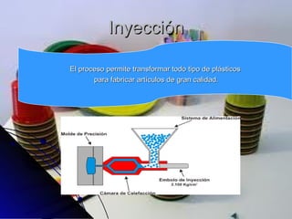 Inyección El proceso permite transformar todo tipo de plásticos para fabricar artículos de gran calidad. 