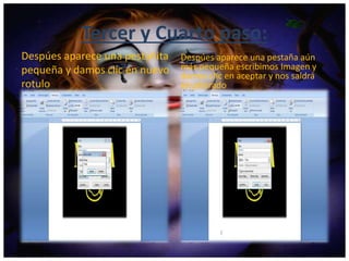 Tercer y Cuarto paso:
Despúes aparece una pestañita
pequeña y damos clic en nuevo
rotulo
Despúes aparece una pestaña aún
más pequeña escribimos Imagen y
damos clic en aceptar y nos saldrá
enumerado
 