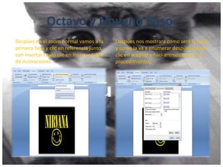 Octavo y Noveno Paso:
Despúes en el zoom normal vamos a la
primera hoja y clic en referencia junto
con insertar titulo clic en insertar tabla
de ilustraciones
Despúes nos mostrara como será la tabla
y como la va a enumerar despúes damos
clic en aceptar y haci aremos todos los
procedimientos.
 