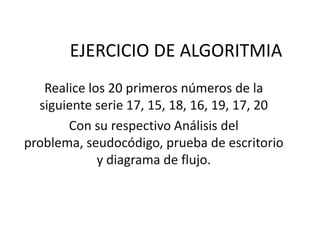 EJERCICIO DE ALGORITMIA
Realice los 20 primeros números de la
siguiente serie 17, 15, 18, 16, 19, 17, 20
Con su respectivo Análisis del
problema, seudocódigo, prueba de escritorio
y diagrama de flujo.
 