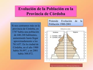 Evolución de la Población en la
Provincia de Córdoba
Si nos centramos más en la
provincia de Córdoba, en
1787 había una población
de 446.248 habitantes,
aumentando hasta llegar
aproximadamente a los
761.657. En la ciudad de
Córdoba, en el año 1900
había 56.097, y en 2001
había 308.072.
Pirámide Evolución de la
Población 1900-2001
Cordoba, 1900
Cordoba, 2001
0
10
20
30
40
50
60
70
80
90
100
15 13 11 9 8 7 6 5 4 3 2 1 0
Hombres
0
10
20
30
40
50
60
70
80
90
100
0 1 2 3 4 5 6 7 8 9 10 12 14
0
10
20
30
40
50
60
70
80
90
100 Mujeres
http://www.juntadeandalucia.es:9002/ehpa/ehpaTablas.htm
Población en miles
 