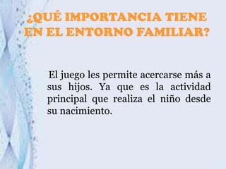 ¿QUÉ IMPORTANCIA TIENE
EN EL ENTORNO FAMILIAR?
El juego les permite acercarse más a
sus hijos. Ya que es la actividad
principal que realiza el niño desde
su nacimiento.

 