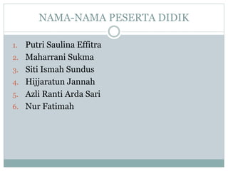 NAMA-NAMA PESERTA DIDIK
1. Putri Saulina Effitra
2. Maharrani Sukma
3. Siti Ismah Sundus
4. Hijjaratun Jannah
5. Azli Ranti Arda Sari
6. Nur Fatimah
 