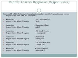 Require Learner Response (Respon siswa)
Respon adik-adik terhadap materi yang kami sampaikan, memiliki berbagai macam respon.
Respon sangat aktif, aktif, dan kurang aktif.
 Nama siswa : Putri Saulina Effitri
 Respon Proses Belajar Mengajar : aktif.
 Nama siswa : Maharrani Sukma
 Respon Proses Belajar Mengajar : aktif.
 Nama siswa : Siti Ismah Sundus
 Respon Proses Belajar Mengajar : kurang aktif
 Nama siswa : Nurfatimah
 Respon Proses Belajar Mengajar :kurang aktif.

 Nama siswa :Azli Ranti Arda Sari
 Respon Proses Belajar Mengajar : sangat aktif.
 Nama siswa :Hijjaratun Jannah
 Respon Proses Belajar Mengajar : sangat aktif.

 