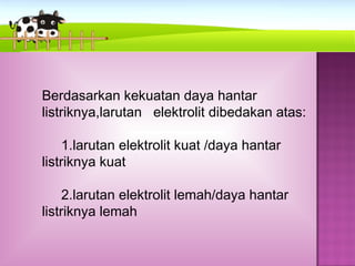 Berdasarkan kekuatan daya hantar
listriknya,larutan elektrolit dibedakan atas:

     1.larutan elektrolit kuat /daya hantar
listriknya kuat

     2.larutan elektrolit lemah/daya hantar
listriknya lemah
 