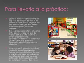 Para llevarlo a la práctica:
   Los niños de educación infantil no son
    capaces de distinguir detalles, ni de
    separar lo objetivo de lo subjetivo, por
    ello, a veces atribuyen a los objetos
    cualidades que no poseen en
    realidad.
   Deben propiciarse múltiples relaciones
    entre los conceptos para que, de
    manera activa, el niño construya y
    amplíe el conocimiento,
    estableciendo conexiones entre lo que
    ya sabe y lo nuevo que debe
    aprender, y dé significado a dichas
    relaciones.

   La programación del aula se realizará
    mediante, pequeños proyectos,
    talleres, unidades didácticas, rincones
    u otras situaciones de aprendizaje, así
    como la organización de espacios,
    distribución de tiempos, la selección
    de materiales y recursos didácticos.
 