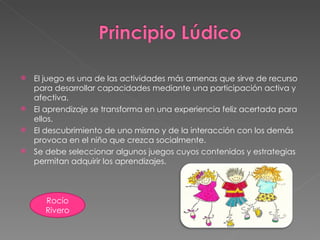  El juego es una de las actividades más amenas que sirve de recurso
  para desarrollar capacidades mediante una participación activa y
  afectiva.
 El aprendizaje se transforma en una experiencia feliz acertada para
  ellos.
 El descubrimiento de uno mismo y de la interacción con los demás
  provoca en el niño que crezca socialmente.
 Se debe seleccionar algunos juegos cuyos contenidos y estrategias
  permitan adquirir los aprendizajes.



      Rocío
      Rivero
 